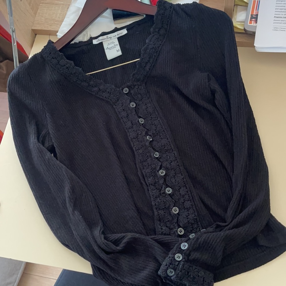 American Rag Emily Cie boho Black Ribbed long sleeve blouse
